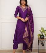 Purple viscose chanderi heavy thread embroidery work with jacquard woven dupatta kurta pant set