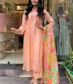 Peach rayon slub heavy thread embroidery work with printed dupatta kurta pant set