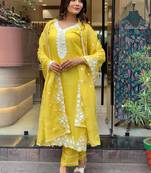 Yellow georgette heavy thread embroidery work kurta pant set