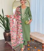 Mehendi viscose chanderi heavy thread embroidery work with printed dupatta kurta pant set