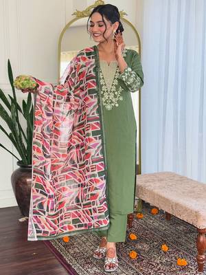 Mehendi viscose chanderi heavy thread embroidery work with printed dupatta kurta pant set 2