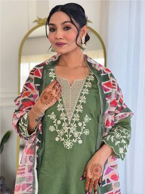 Mehendi viscose chanderi heavy thread embroidery work with printed dupatta kurta pant set 4