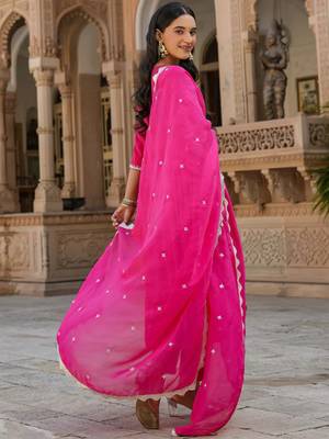 Rani pink chanderi silk heavy thread embroidery work kurta pant set 3