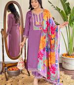 Purple viscose slub heavy thread embroidery work with printed dupatta kurta pant set