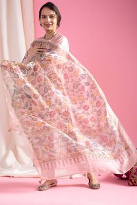 Pink viscose chanderi heavy thread embroidery work with printed dupatta kurta pant set 3