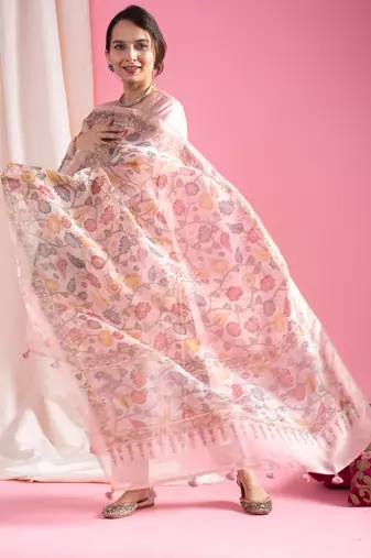 Pink viscose chanderi heavy thread embroidery work with printed dupatta kurta pant set