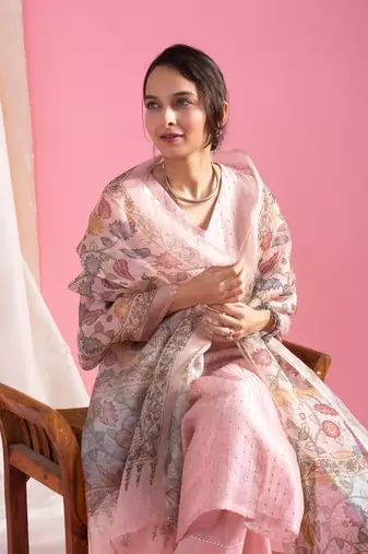 Pink viscose chanderi heavy thread embroidery work with printed dupatta kurta pant set