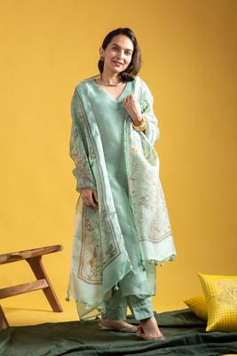Pista green viscose chanderi heavy thread embroidery work with printed dupatta kurta pant set 1