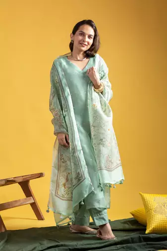 Pista green viscose chanderi heavy thread embroidery work with printed dupatta kurta pant set