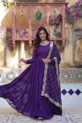 Purple Designer Fully Flair Gown With Georgette and Embroidered Dupatta  3