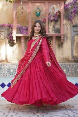 Pink  Designer Fully Flair Gown With Georgette and Embroidered Dupatta  1