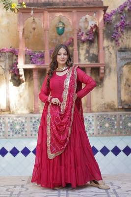 Pink  Designer Fully Flair Gown With Georgette and Embroidered Dupatta  3