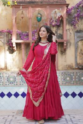 Pink  Designer Fully Flair Gown With Georgette and Embroidered Dupatta  4