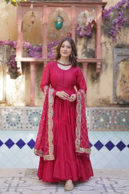 Pink  Designer Fully Flair Gown With Georgette and Embroidered Dupatta  5