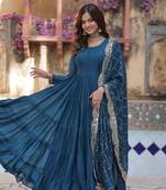 Teal blue Designer Fully Flair Gown With Georgette and Embroidered Dupatta 
