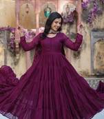 Wine  Designer Fully Flair Gown With Georgette and Embroidered Dupatta 