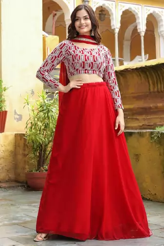  Red Embroidered Georgette Indian Wedding Wear Lehenga Choli Dress Designs