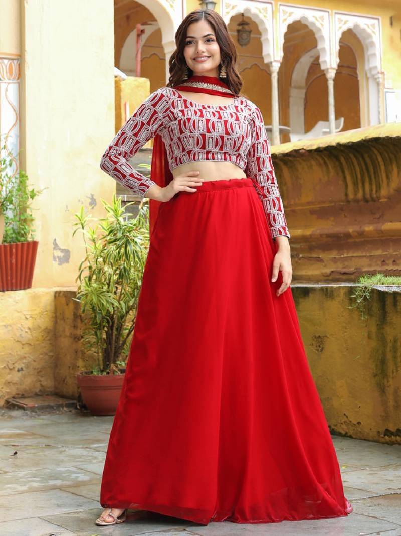 Red Embroidered Georgette Indian Wedding Wear Lehenga Choli Dress Designs