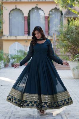 Teal green designer readymade long kurti  with Embroidery Sequins-work 1