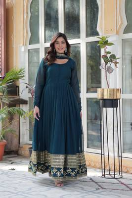 Teal green designer readymade long kurti  with Embroidery Sequins-work 4