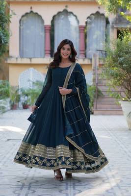 Teal green designer readymade long kurti  with Embroidery Sequins-work 5