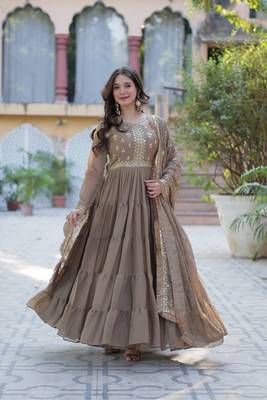 Beige Designer Fully Flair Gown With Georgette and Embroidered Dupatta  1