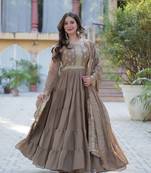 Beige Designer Fully Flair Gown With Georgette and Embroidered Dupatta 