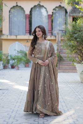 Beige Designer Fully Flair Gown With Georgette and Embroidered Dupatta  3