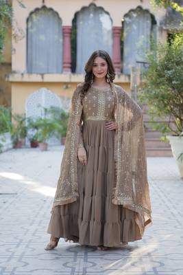 Beige Designer Fully Flair Gown With Georgette and Embroidered Dupatta  5