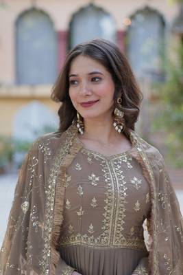 Beige Designer Fully Flair Gown With Georgette and Embroidered Dupatta  6