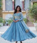 Sky Designer Fully Flair Gown With Georgette and Embroidered Dupatta 