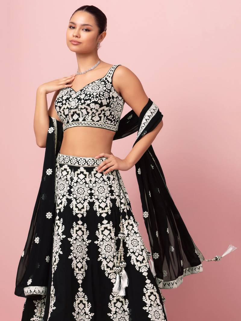 Wonderful Black Sequins Georgette Sangeet Wear Lehenga Choli