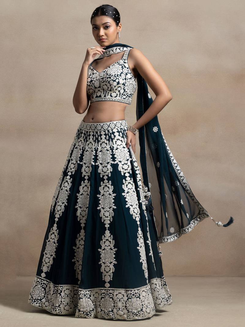 Lovely Green Sequins Georgette Wedding Lehenga Choli With Dupatta