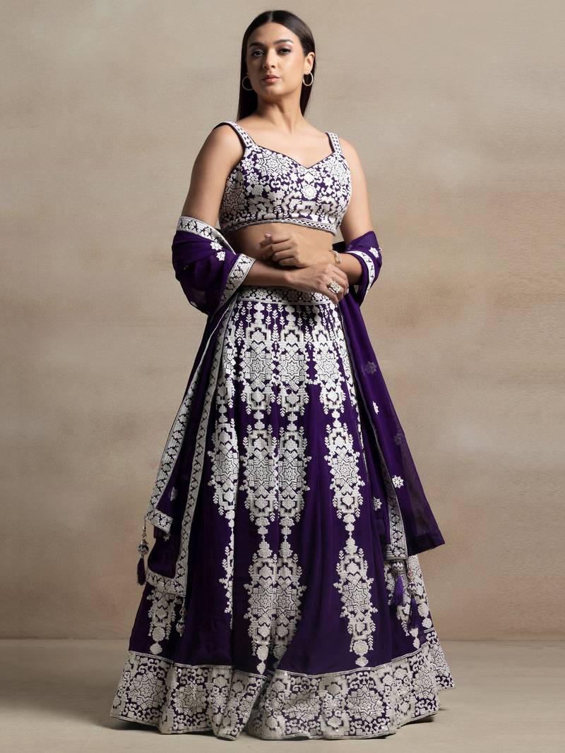 Incredible Purple Sequins Georgette Wedding Lehenga Choli With Dupatta