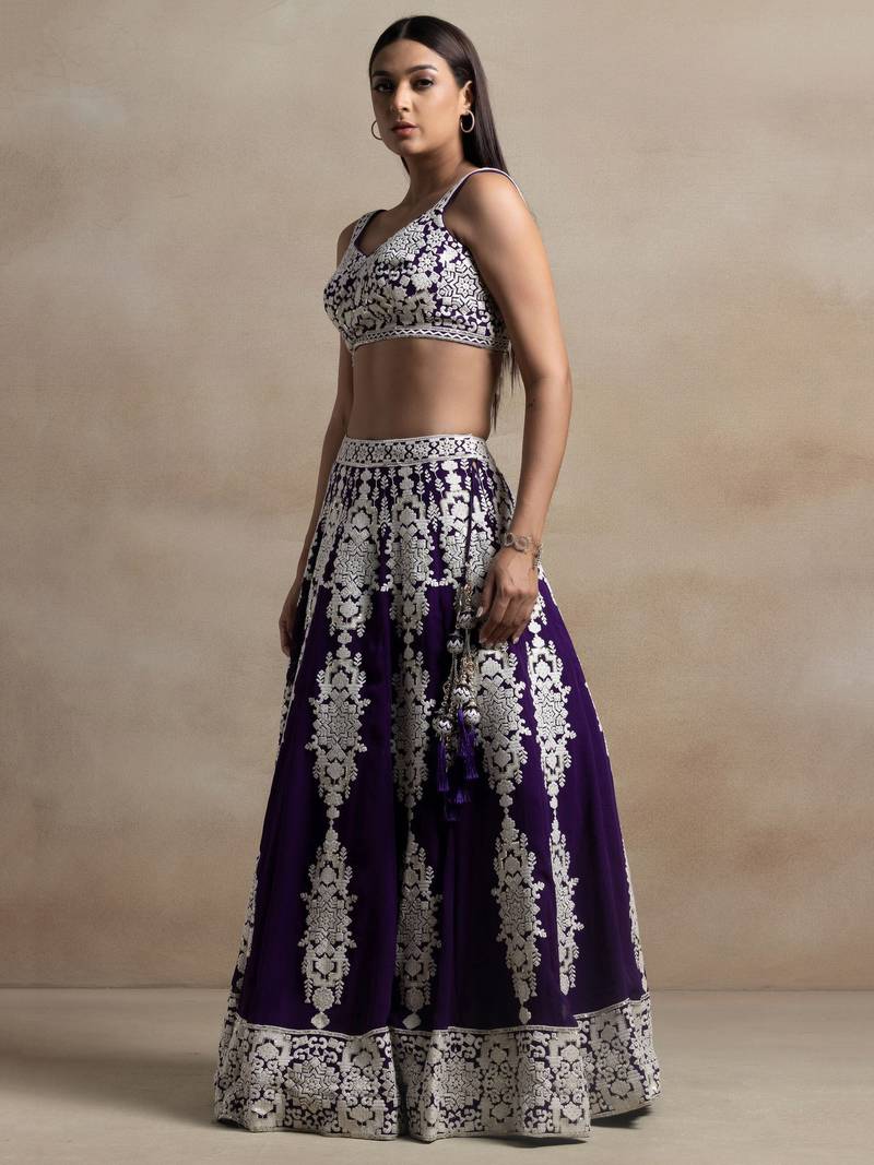 Incredible Purple Sequins Georgette Wedding Lehenga Choli With Dupatta