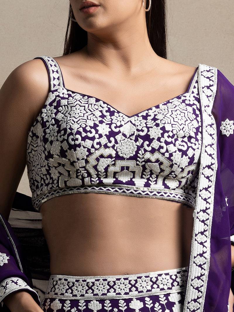 Incredible Purple Sequins Georgette Wedding Lehenga Choli With Dupatta