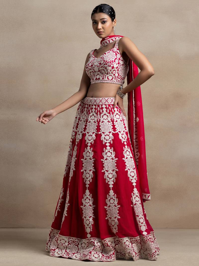 Sweet Red Sequins Georgette Wedding Lehenga Choli With Dupatta