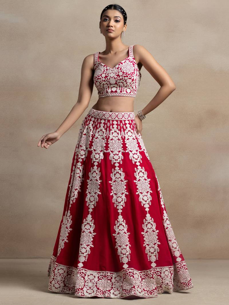Sweet Red Sequins Georgette Wedding Lehenga Choli With Dupatta