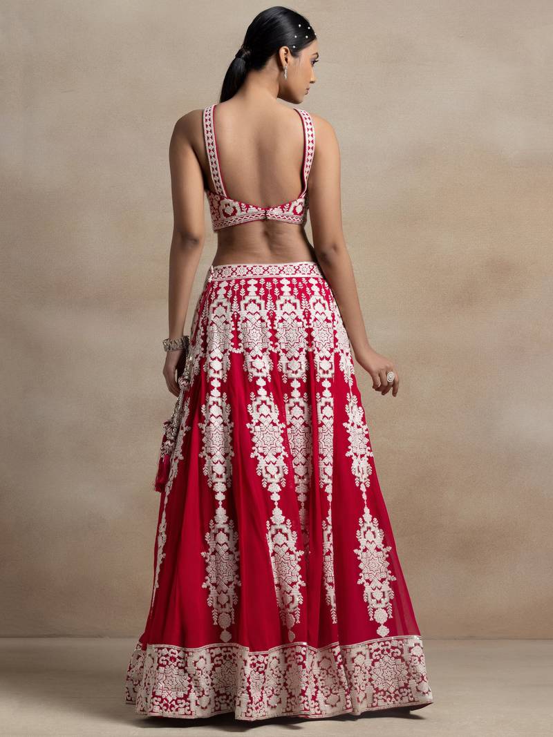 Sweet Red Sequins Georgette Wedding Lehenga Choli With Dupatta