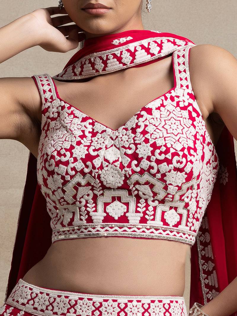 Sweet Red Sequins Georgette Wedding Lehenga Choli With Dupatta