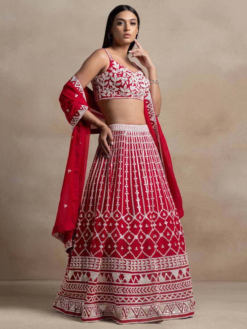 Charming Red Sequins Georgette Wedding Lehenga Choli With Dupatta