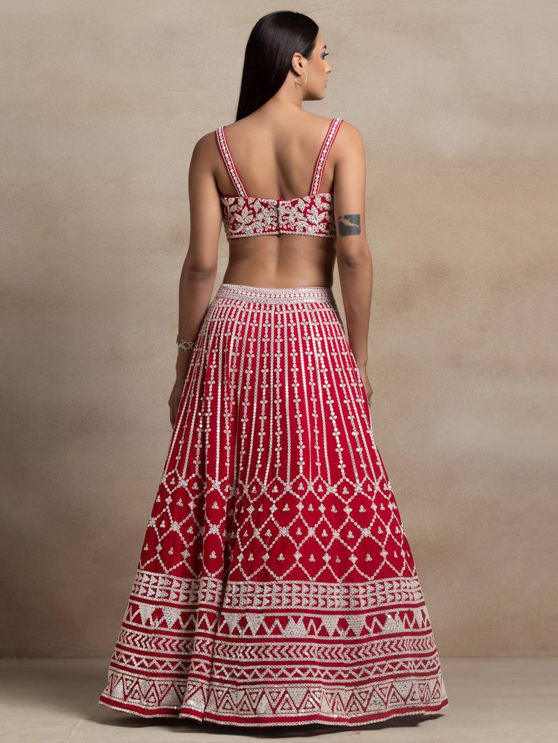 Charming Red Sequins Georgette Wedding Lehenga Choli With Dupatta