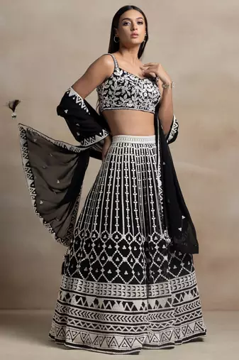 magnetic black sequins georgette wedding lehenga set choli with dupatta with dupatta