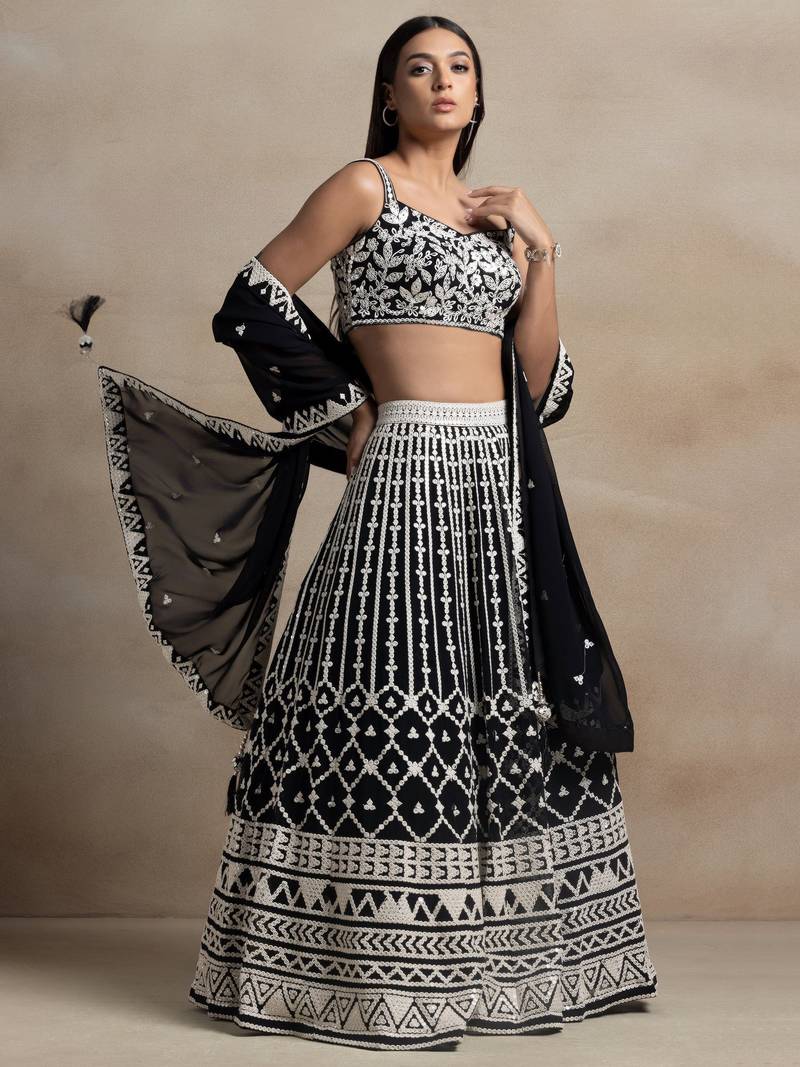 Magnetic Black Sequins Georgette Wedding Lehenga Choli With Dupatta