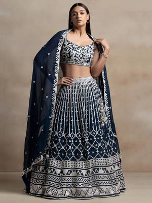 Precious Blue Sequins Georgette Wedding Lehenga Choli With Dupatta 1