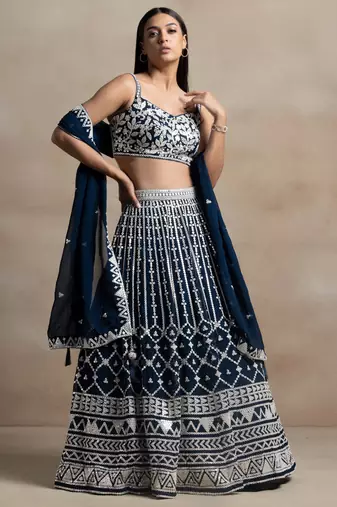 Precious Blue Sequins Georgette Wedding Lehenga Choli With Dupatta