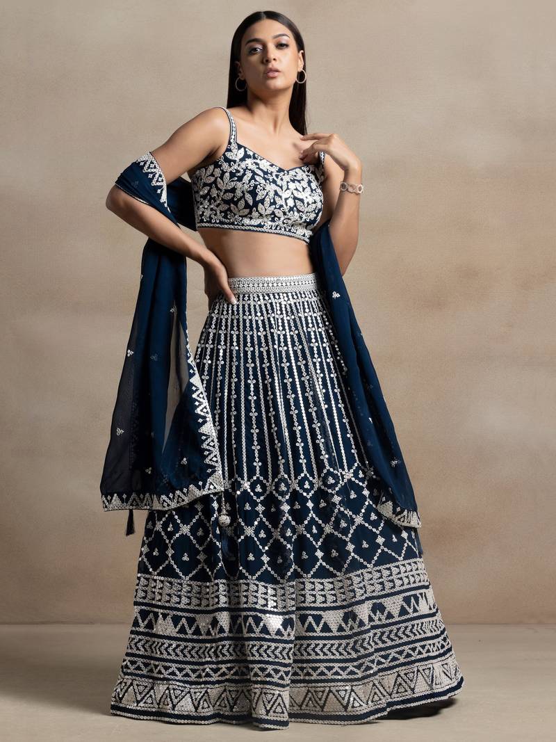 Precious Blue Sequins Georgette Wedding Lehenga Choli With Dupatta