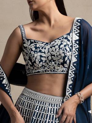 Precious Blue Sequins Georgette Wedding Lehenga Choli With Dupatta 5
