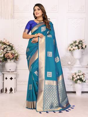 Blue soft art silk blend with zari weaving borders saree with blouse 1