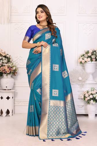 Blue soft art silk with zari weaving borders saree with blouse